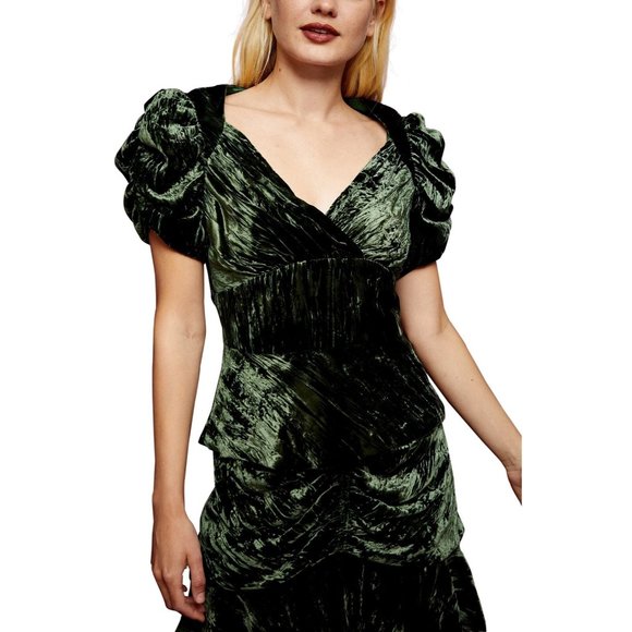 Topshop Tops - NWT Topshop IDOL Deep V Neck Velvet Ruched Sleeve Classic Blouse Womens 8 Green